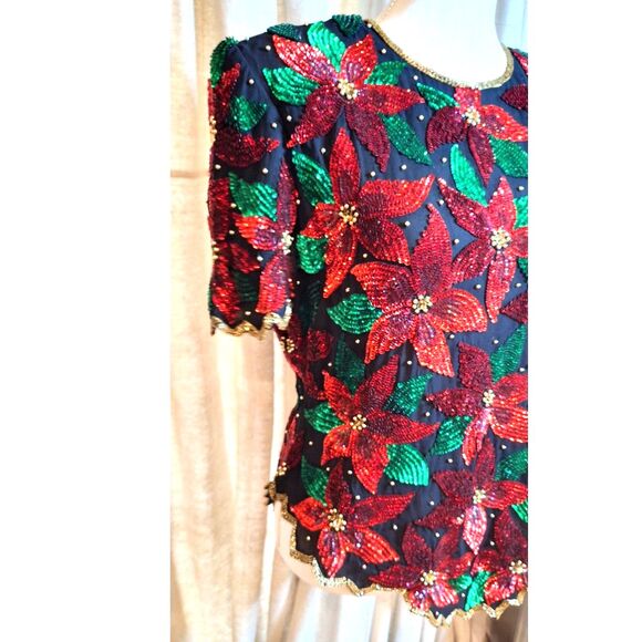 Vintage Laurence Kazar Sequin & Beaded Christmas Poinsettia Top Blouse Sz L - Picture 2 of 11